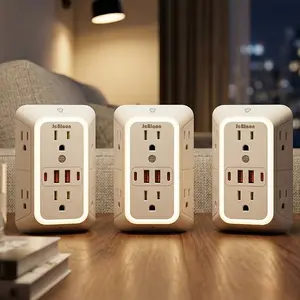 Wall Charger, 10-In-1 Multi Plug Outlet Wall Outlet Extender with Night Light,6 Wide AC Outlets And 4 USB Ports (2 Type-C),3-Sided 1050J Multifunctional Power Strip Multi Plug Adapter Spaced for Home Travel Office Power Socket Extender