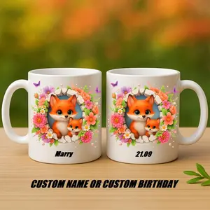 Personalized Cute Fox Coffee Mug with Adorable Mom and Baby Fox Floral Wreath Design, Custom Name or Date Ceramic Cup for Animal Lovers | Gifts for Kids | Home Decor | Hot Chocolate | Drinks | Novelty Gifts | Office Mugs |