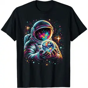 Men's Short Sleeve T-Shirt Funny T-Shirt - Soft Cotton Black Casual T-Shirt with Round Neck, Astronaut Planets Design Menswear Operator Fitness