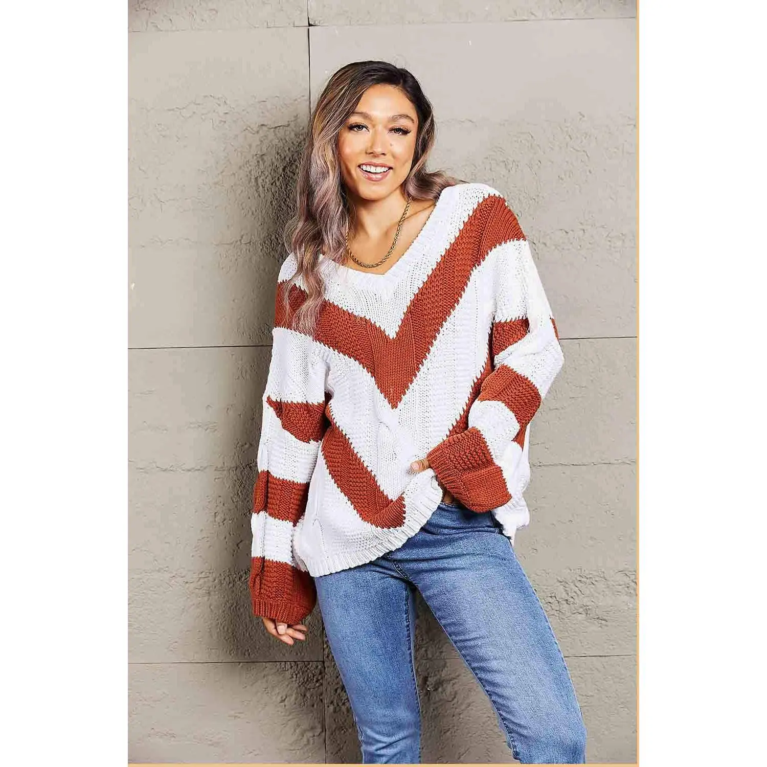 Woven Right Chevron Cable-Knit V-Neck Tunic Sweater