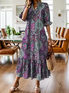 Spring Summer New Vintage Women's V-Neck Loose Fashion Print Dress, Retro Boho Style, Casual Wear, Perfect for Daily