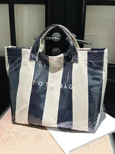 Transparent PVC Striped Tote Bag with Fashionable Letter Printing Casual Versatile Large Capacity Handbag for Daily Travel Students Office Workers Short Trips Stylish Tote Bag Can accommodate daily commuting items such as computers,documents,water bottles