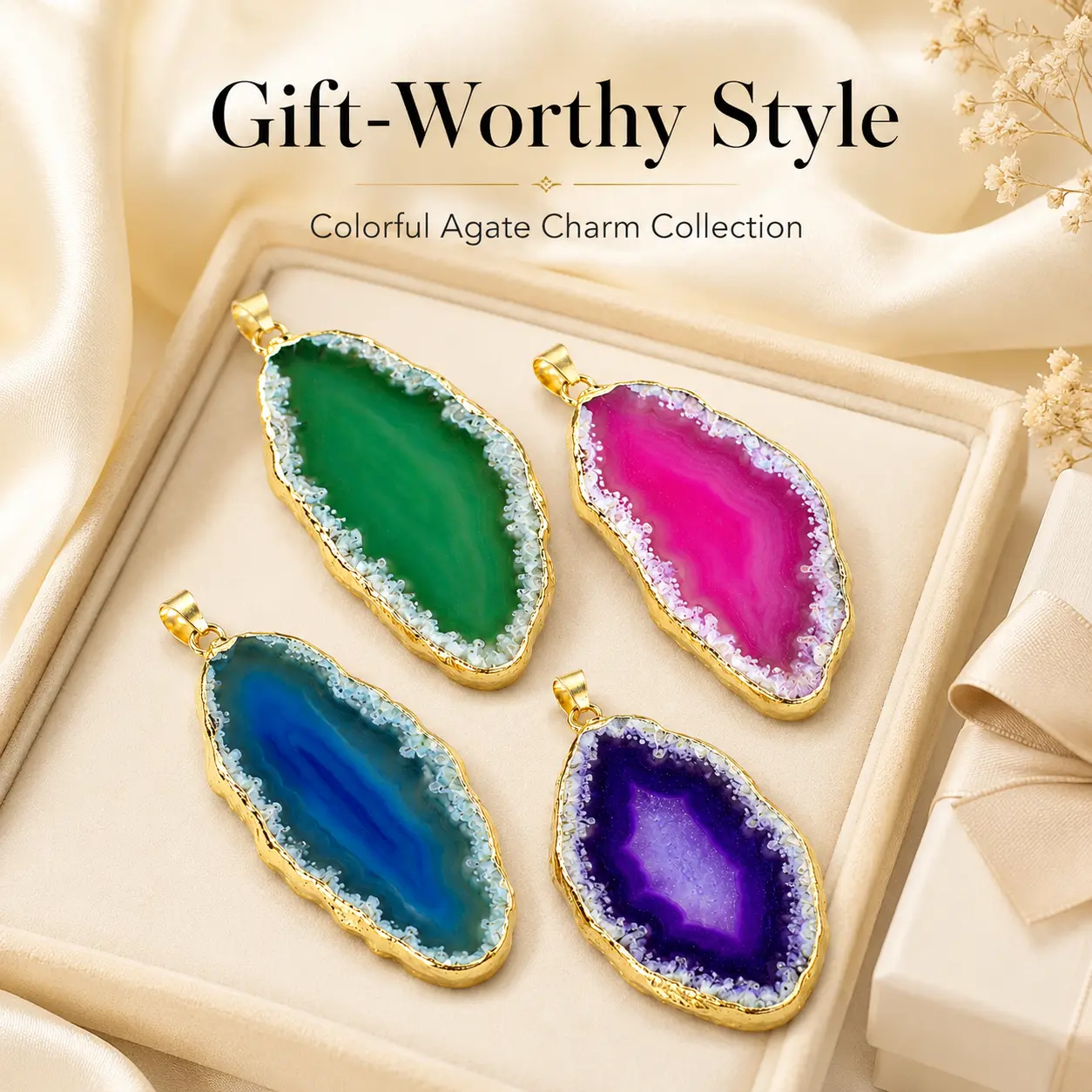 Colorful Agate Slice Pendant Charm, Gold-Tone Alloy Edge Irregular Stone Pendant for DIY Necklace Jewelry Making, Green Pink Blue Purple, Pendant Only