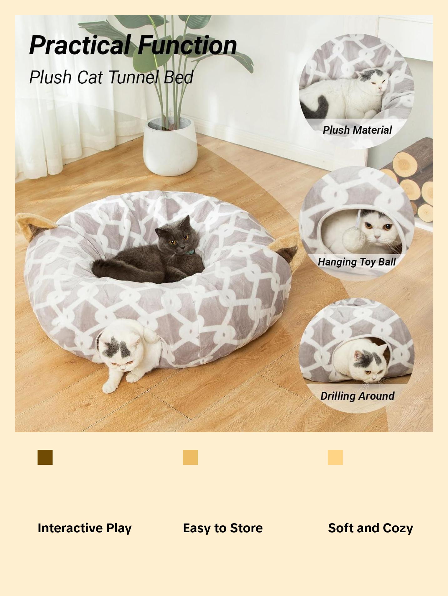 Large Cat Tunnel Bed with Plush Cover,Fluffy Toy Balls, Small Cushion and Flexible Design- 10 Inch Diameter, 3 Ft Length- Great for Cats, and Small Dogs, Gray Geometric Figure