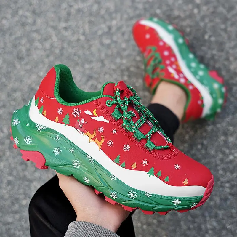 Unisex Christmas Lifestyle Shoe Trainers - Lace-Up, Santa & Reindeer Prints, Waterproof Thick Sole, Festive Casual Shoes for Holiday Use & All-Day Comfort, Lifestyle Shoe Trainer gift Outdoor Hiking Trainers