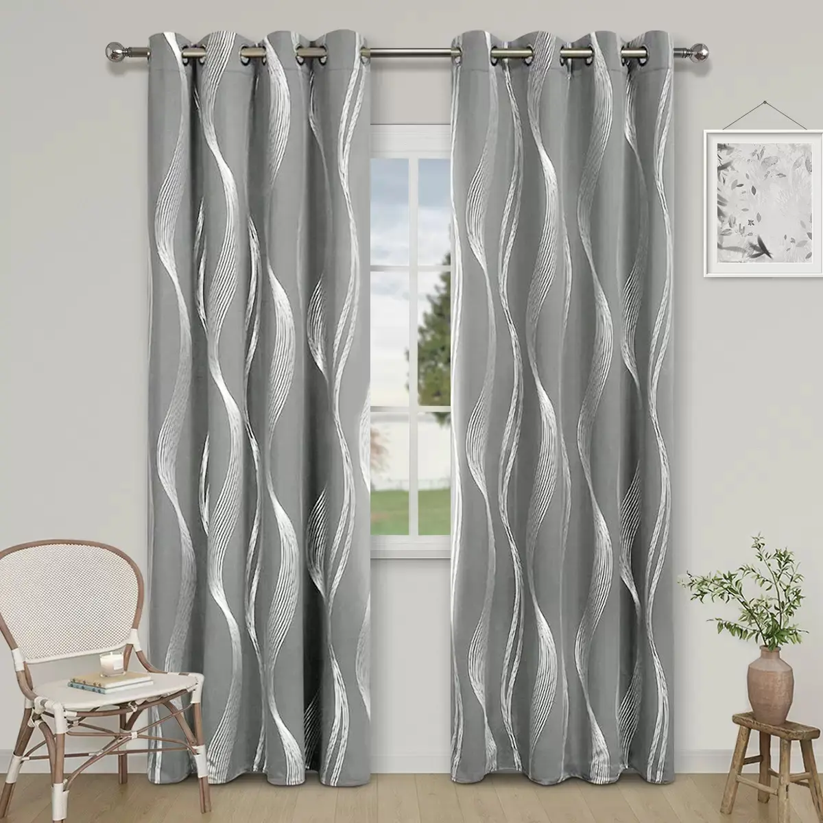 1pc Blackout Curtains for Bedroom & Living Room, Silver Color Foil Print Design, Thermal Insulated Drapes, Sunlight Blocking Window Covering, Home Decoration Curtain
