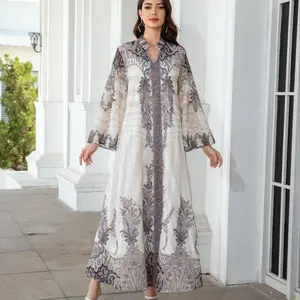 Women's Plants Print Long Sleeve Dress, Elegant Arabic Dress, Muslim Clothing for Women, Hijabi Cute Dresses