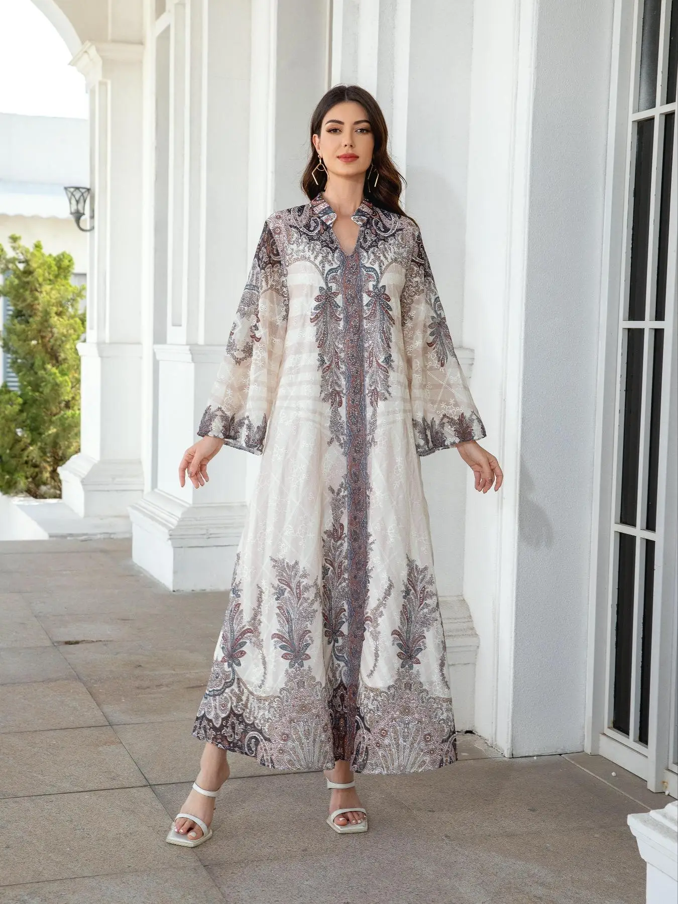 Women's Plants Print Long Sleeve Dress, Modest Bohemian Style Elegant Arabic Dress, Muslim Clothing for Women, Islamic Muslim Clothing