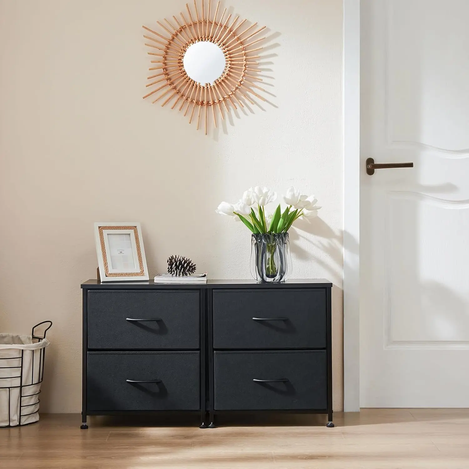 2-Pack Deal: Modern Nightstand w/ 2 Drawers & Fabric Bins | Black | Bedside Table for Couples, Dorms, Small Spaces slim  shaker