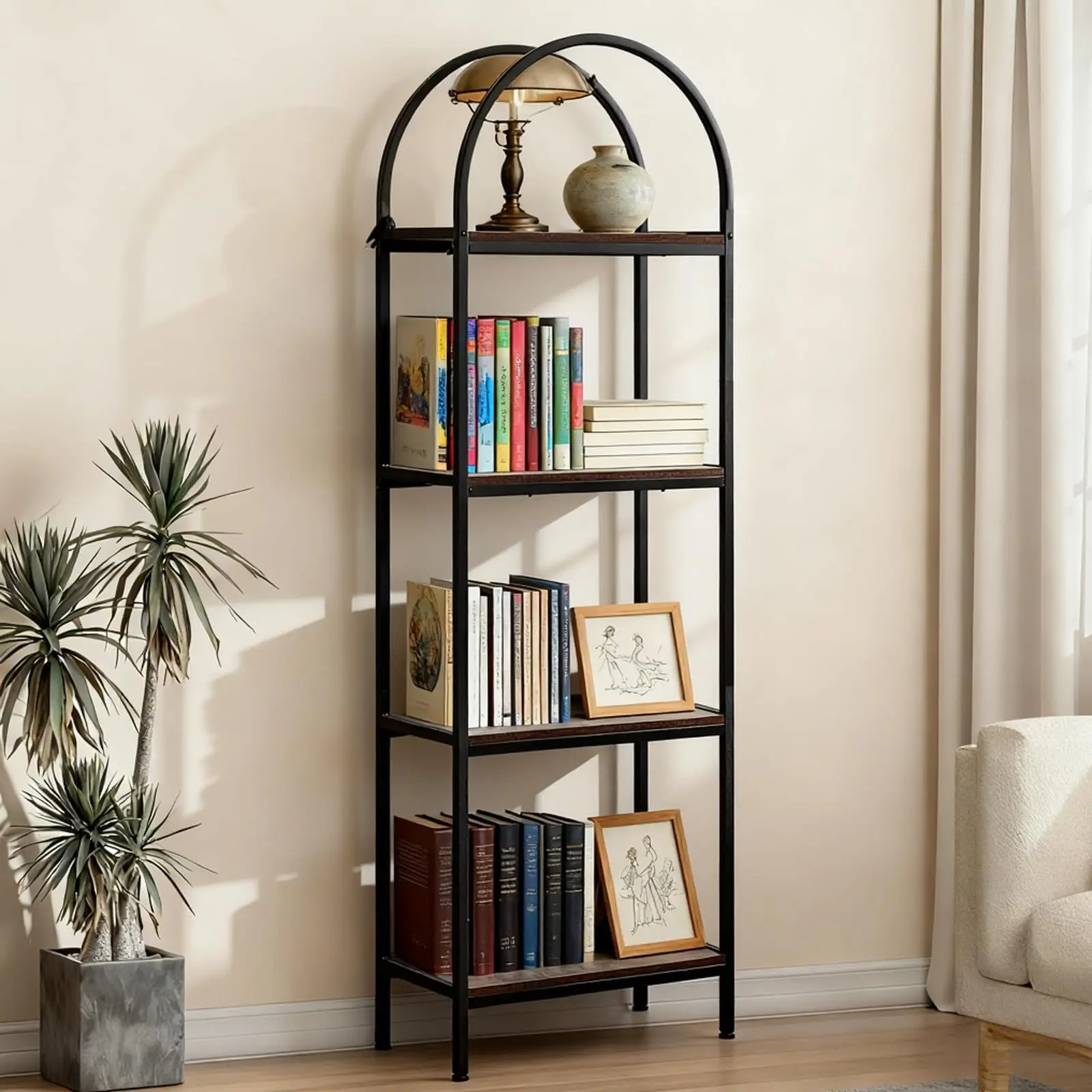 Garvee 5-Tier Wood Grain Arched Narrow Bookcase - Sturdy Rustproof Metal Frame, Gold Accents, 60x28x180cm Freestanding Contemporary Modern Display Shelving Unit, 10-15kg Capacity, Tool-Free Assembly for Living Room, Office, Modern Design Style