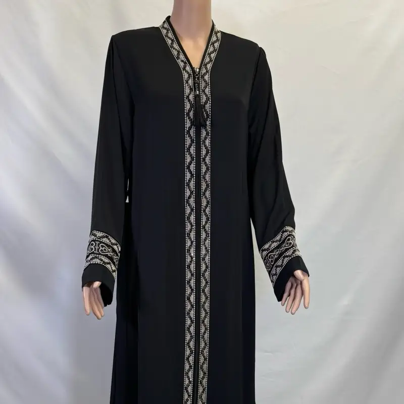 Black Embroidered Abaya with Rhinestones Long Sleeve Maxi Length with Belt Women's Fashion Dress