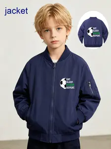 Boys' Fashion Long Sleeve Baseball Neck Jacket, Unique Football Letter Print, Multiple Colors, Trendy and Versatile, Perfect for Daily Wear