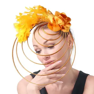 Gold Fascinator Hat Wedding Church Headpiece Women Formal Event Tea Chapeau Cap party elegant bride Feather Millinery Femme