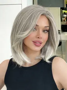 Short Mix Blonde Bob Wig, Shoulder Length Straight Bob, Synthetic Hair Wigs for Women, Side Part Bangs, Daily Use