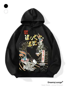 Classic Looney Tunes Rabbit Hoodie, Japanese Showa Style Print, Loose Fit Casual Sweatshirt, Breathable for Daily Wear