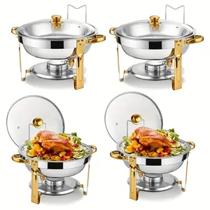 sebastian CADIA, 4-Piece Hot Pot Buffet Set, 4-Quart Round Buffet Hot Pot with Glass Cover and Lid, Gold Stand, Stainless Steel Gold Buffet Insulated Set for Catering, Potluck, Hotel Restaurant, Party and Wedding, Gold Casserole Kitchenware