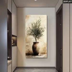 1 piece of abstract canvas mural - vintage vase with green plants, textured beige background wall decoration, 2D flat printing frameless painting for living room, bedroom, corridor decoration