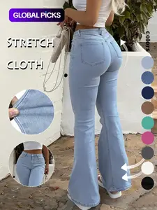 GILIPUR Y2K Women's Plain Bell Bottom Jeans, Casual Button Fly Pocket Design, Slim Fit Denim Jeans, All Season Streetwear