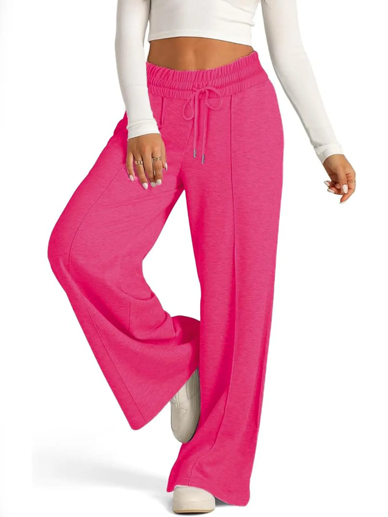 Women's Solid Color Tie Front Drawstring Adjustable Elastic Waist Wide Leg Loose Fit Sweatpants, Casual Comfy Lightweight Breathable Pocket High Rise Trousers for Spring & Fall, Women's Bottoms for Daily Wear