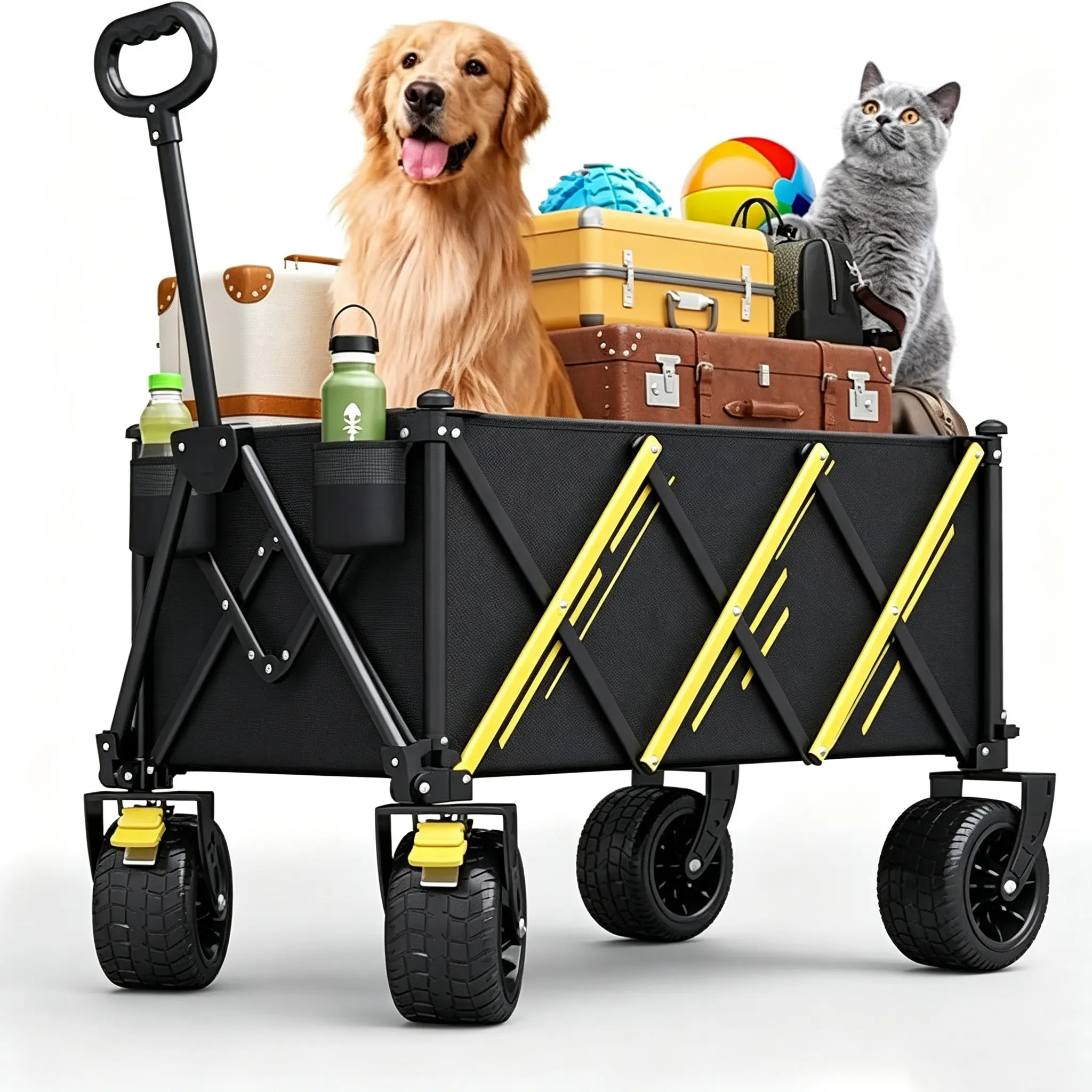 Extra Long Collapsible Utility Wagon with All-Terrain Wheels, Large Capacity Folding Cart for Outdoor Trips, Beach, Grocery, Camping, Garden