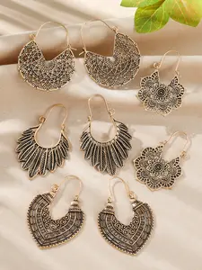 4 pairs Bohemian Pendant Earrings Set, Geometric Cutout Carved Flower Ear Jewelry, Bohemian Style Drop Accessories, Casual Daily Wear