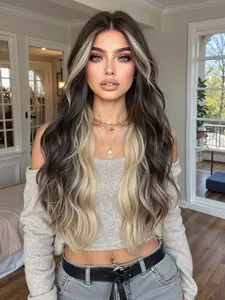 Women's Long Curly Wig, Wavy Synthetic Hairpiece, Gradient Color, 28 Inch Layered Hair with Bangs, Perfect for Parties & Cosplay, All Season Wear, Loose Wave Wigs