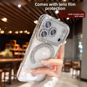 Luxurious glitter and diamond-encrusted magnetic phone case with lens protector for iphone 15 pro max cases phone cases iphone 16 iphone 17 phone case
