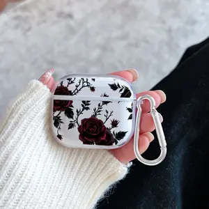 Dark Rose Pattern TPU Soft Protective Case for Apple AirPods 4/3/2/1/Pro/Pro2 Transparent Earphone Cover with Keychain Attachment