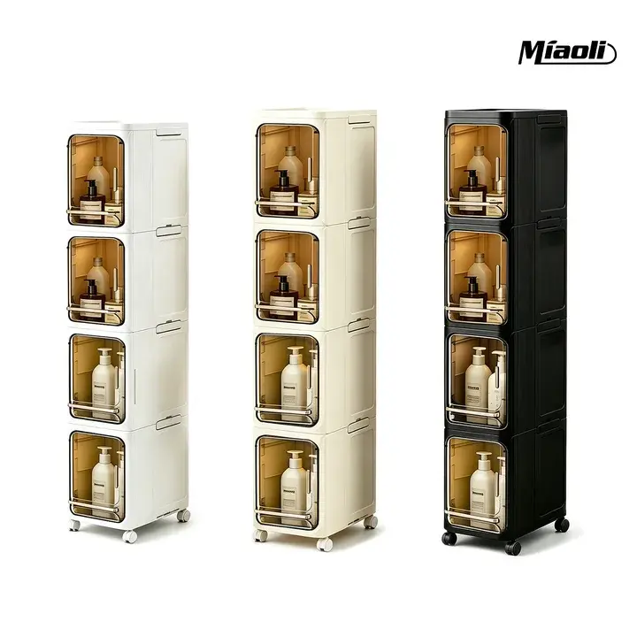 MiAoLi 5-Layer Tall Narrow Plastic Storage Organizer - Slim Rectangular Cabinet with Doors, Adjustable Shelves, Wheels, Stackable Foldable Design, Under Sink Organization, Compartments, Ideal for Small Spaces, Renters