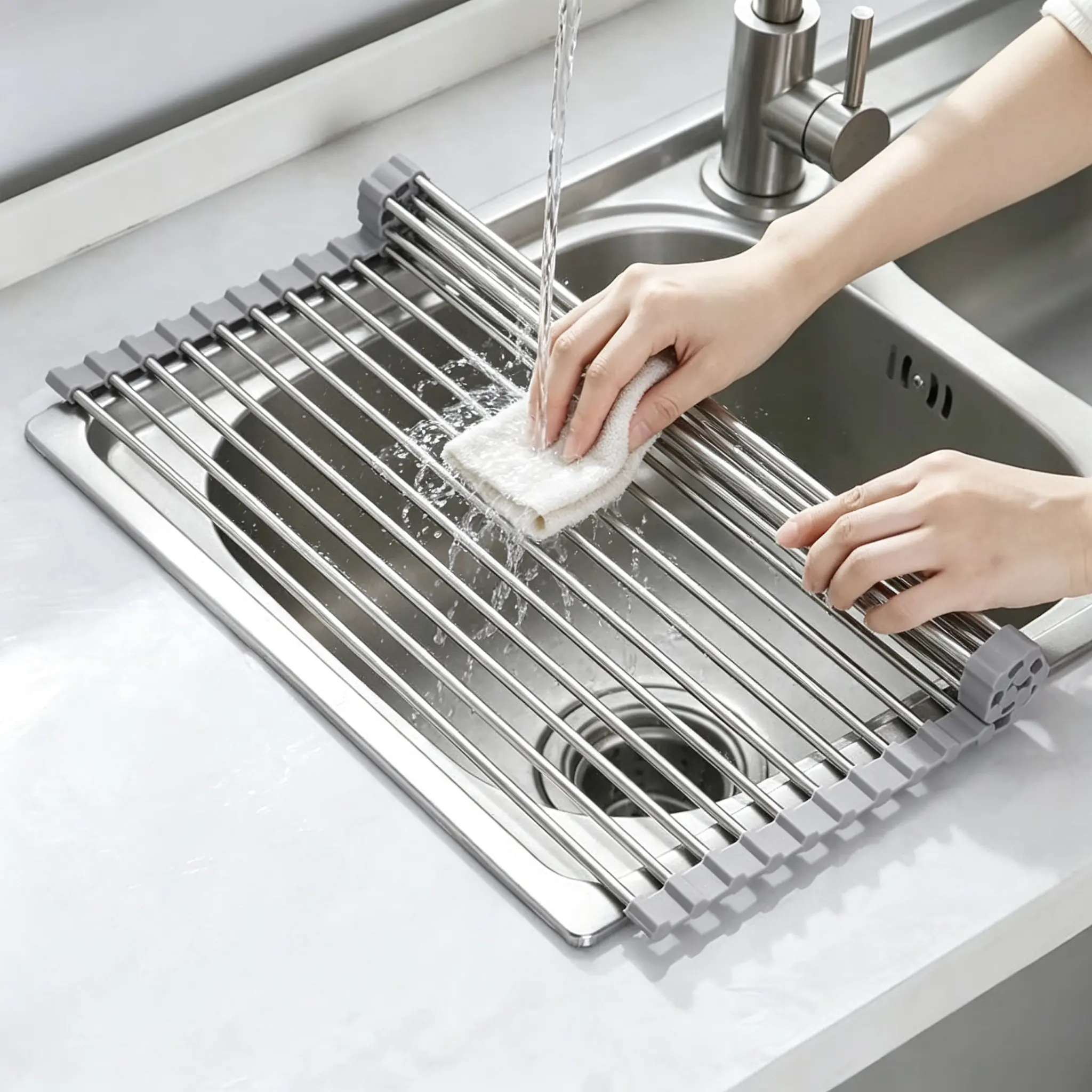 Rollable Stainless Steel Sink Drain Rack with Silicone Edge, 47×33cm Over Sink Dish Drying Mat for Kitchen Tableware Fruits Drying