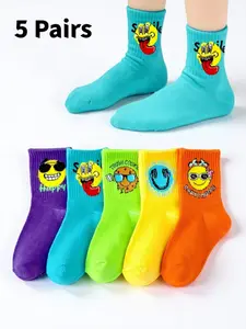 5 Pairs Cartoon Expression Socks, Colorful Funny Style for Boys and Girls, Socks for Kids, Soft Breathable All Season Sports Socks