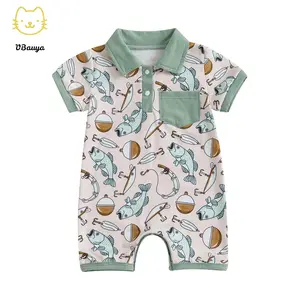 Baby Boy Fish Print Romper Half Button-up Lapel Neck Short Sleeve Bodysuit Cute Summer Clothes