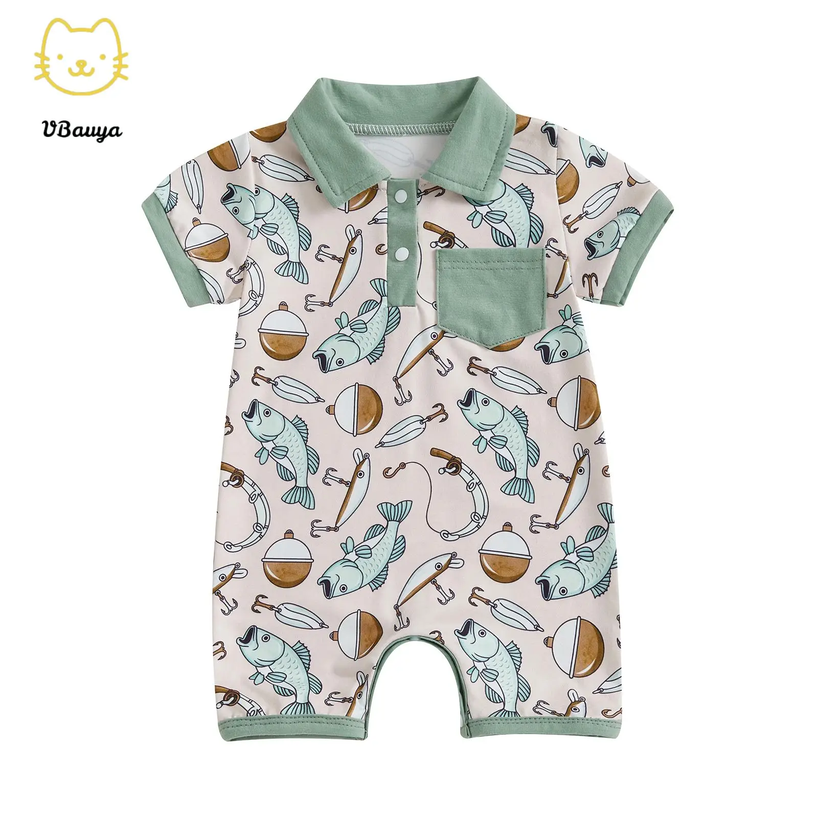 Baby Boy Fish Print Romper Half Button-up Lapel Neck Short Sleeve Bodysuit Cute Summer Clothes