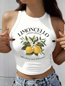 Vintage Women's Sleeveless Round Neck Tank Top, Lemon Pattern T-Shirt, Fashionable and Comfortable, Ideal for Dates, Parties, Travel