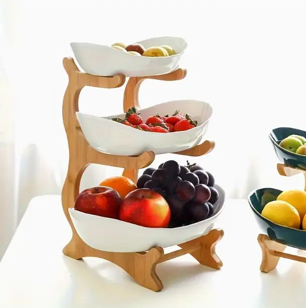 Kitchen Life House Plastic Fruit Bowl with Bamboo Wood Stand for Kitchen Counter Fruit Basket for Vegetable Storage Snack Dessert Cake Tray Plate Rack for Party Wedding Double Tiers Adjustable Standing Shelf Decor Organiser Wooden snack plate snack plates