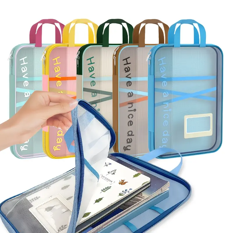 A4 L-shaped Large Opening Transparent Mesh Document Bag with Handle, Document Organizer Sleeve, Portable File Folder, 4-Layer Organizer for Study and Office, Suitable for Test Paper & Stationery Storage, Compatible with Expanding File Folder