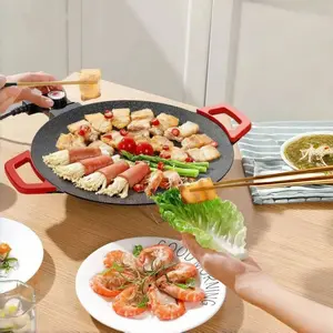 Large Multifunctional Medical Stone Non-Stick Electric Grill Pan with Red Handle Five-Speed Temperature Control Fast Heating Easy Clean Korean Electric Grill for Home Barbecue