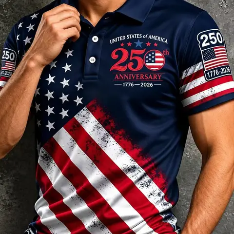Men's USA 250th Anniversary Patriotic American Polo Shirt, Flag Pattern Breathable Polyester Polo for Casual Wear Sports and Outdoor Activities