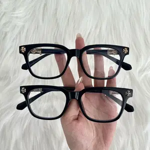Vintage Gothic Cross Metal Ornament Black Frame Non-Prescription Glasses - Y2K Trend Anti-Blue Light Square Spectacles for Daily Outfit