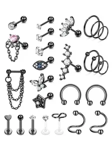 26 Pcs Black Stylish Piercing Jewelry Collection for Women Men Stainless Steel Ear Ornaments Tragus Piercing Accessories Conch Stud Hoop Style Earrings Hypoallergenic Glittering CZ Butterfly Heart Evil Eye Motif Conch Helix Cartilage Piercing Assortment