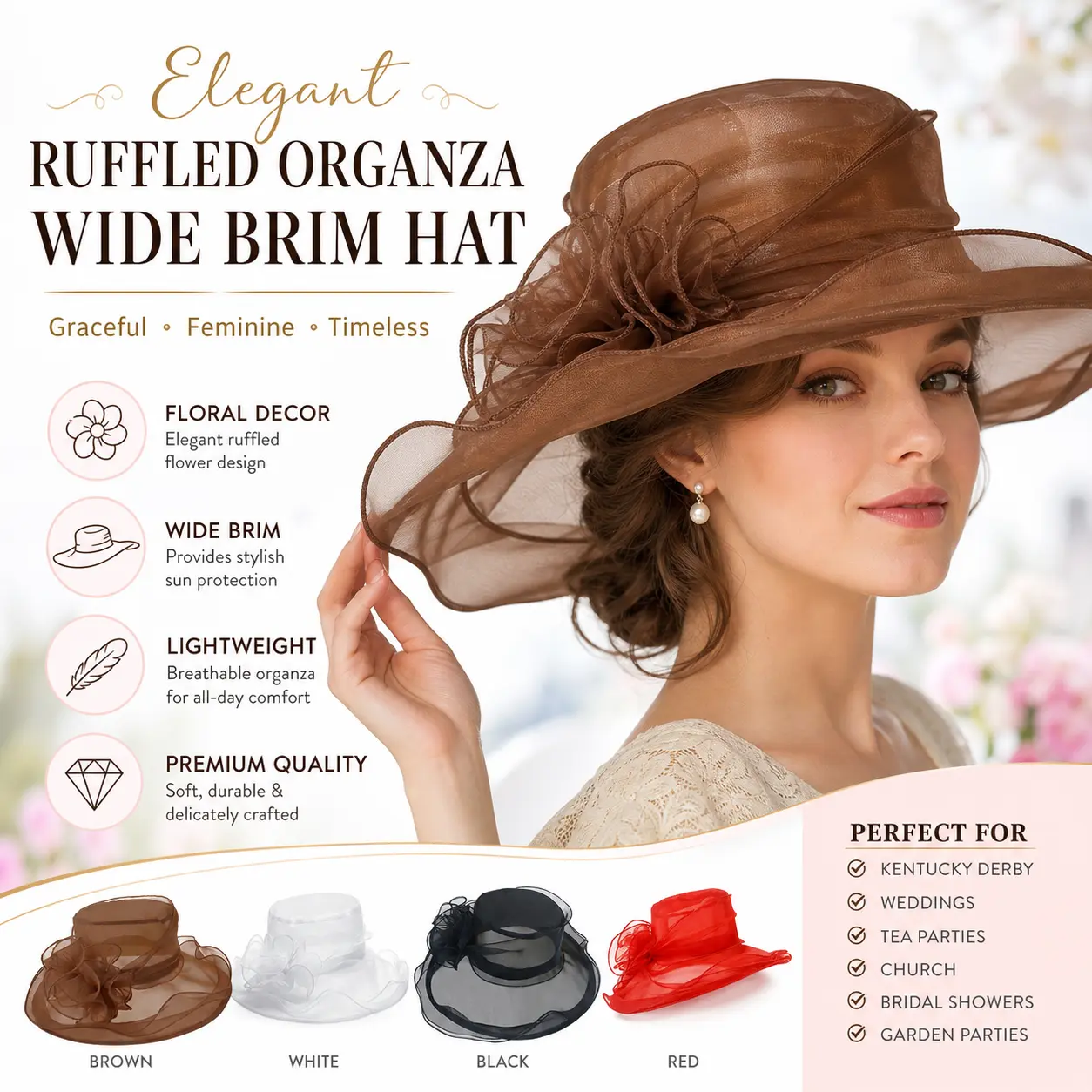 Elegant Ruffled Organza Mesh Wide Brim Sun Hat for Women, Kentucky Derby Fascinator Hat, Floral Decor Formal Hat for Wedding, Tea Party, Church, Bridal Shower & Garden Party