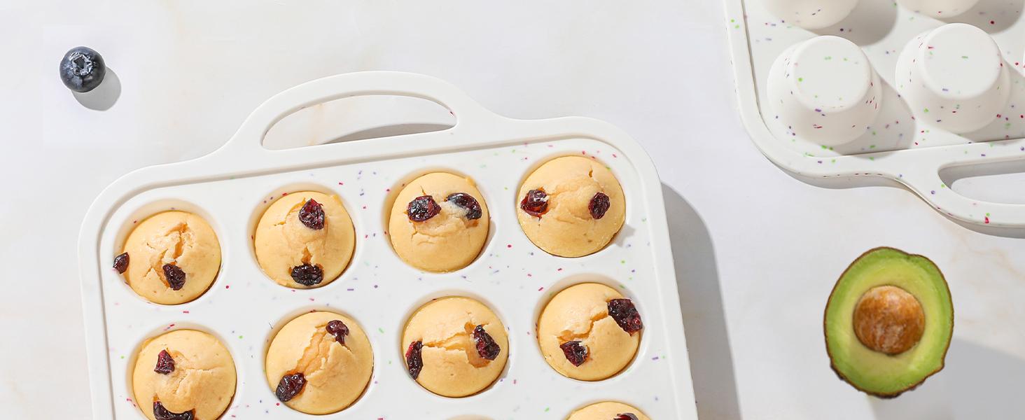 24-Cup Silicone Mini Muffin Pan with Metal Reinforced Frame, BPA-Free Dishwasher-Safe Beige Tray with Rainbow Spots for Baking Muffins, Cupcakes, Muffin Tin, Creamy Confetti