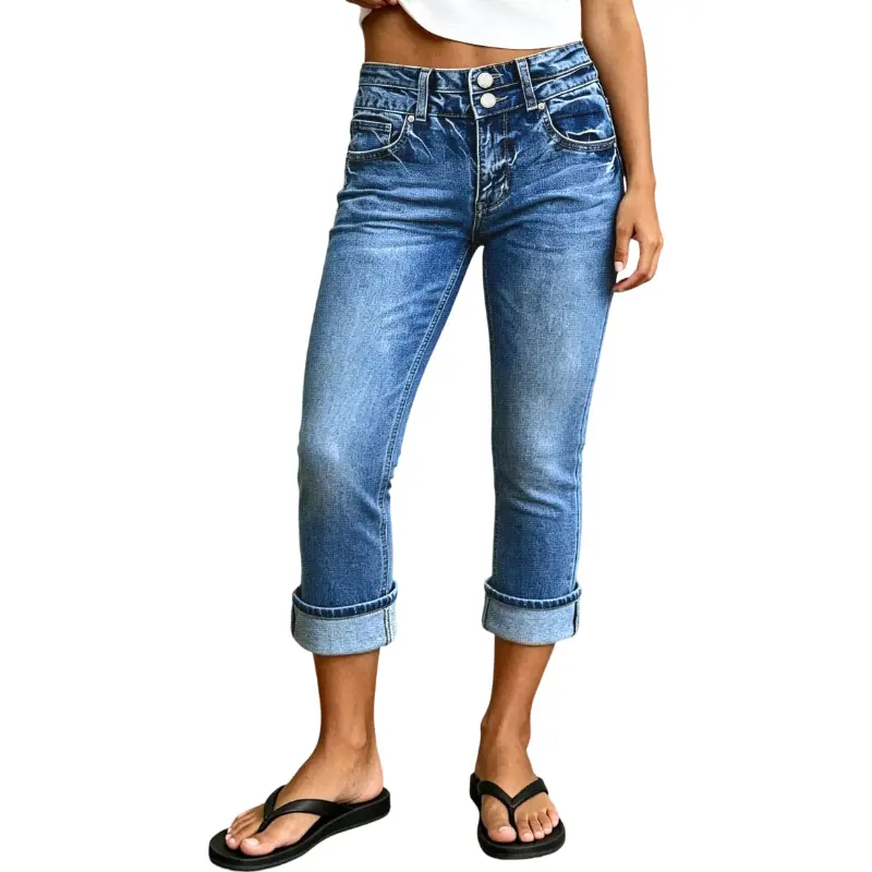 Flamingals Wash Roll Hem Mid Waist Skinny Capri Jeans Stretchy 21.9'' Inseam