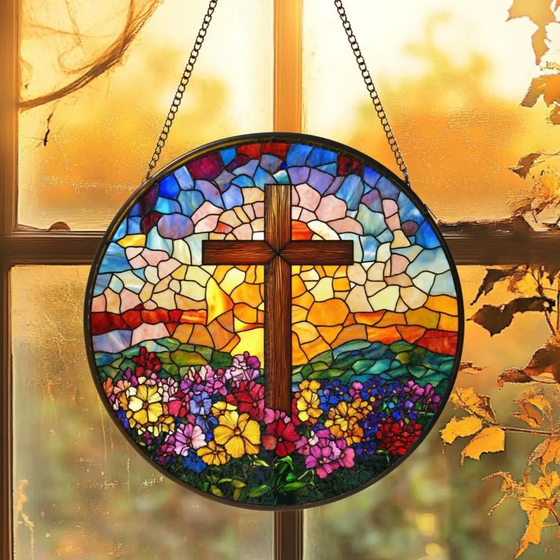 Personalized Stained Glass Cross Wildflowers Suncatcher Christian Faith Gift