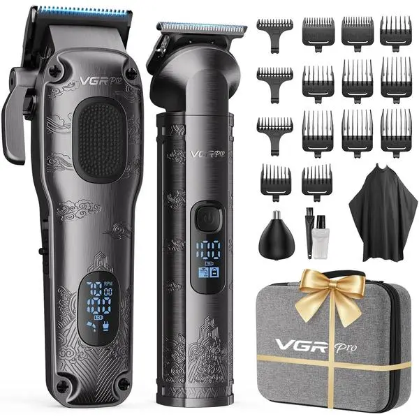 Professional Cordless Men's Hair Clippers & Trimmer Grooming Kit - 7000RPM, LED Display, 14 Guide Combs (Including Right), EVA Case, Package Box, Electric Hair Cutting Tool for Personal Grooming