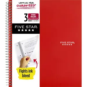 Five Star Spiral Notebook, 3 Subject, Wide Ruled Paper, 10-1/2" x 8", 150 Sheets, Red (72029)