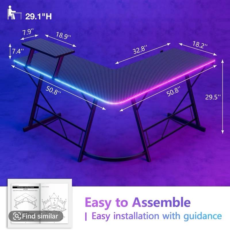 Mr IRONSTONE Gaming Desk with Led Lights, L Shaped Gaming Desk Corner Computer Deskcomputer Desk with Carbon Fiber Surface, Easy to Assemble, 51 inch