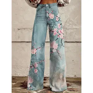 European And American Women'S Long Pants, Fashionable And Casual Wide Leg Pants, Peach Blossom 3D Printed Flared Pants, Simulated Denim Pants, Women'S Style