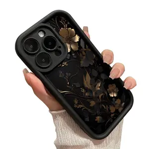 Black And Gold Flowers Pattern Drop Protection Shockproof Soft TPU Smartphone Cover for iPhone 17 Air 15 Plus 16 Pro Max 14 13 12 11 Pro