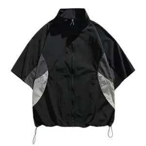 Men’s summer lightweight jacket with color-block panels, stand collar, short sleeves—trendy brand, loose fit, quick-drying, breathable, half-zip, sporty casual style, sun protection, versatile cardigan top #Summervibes